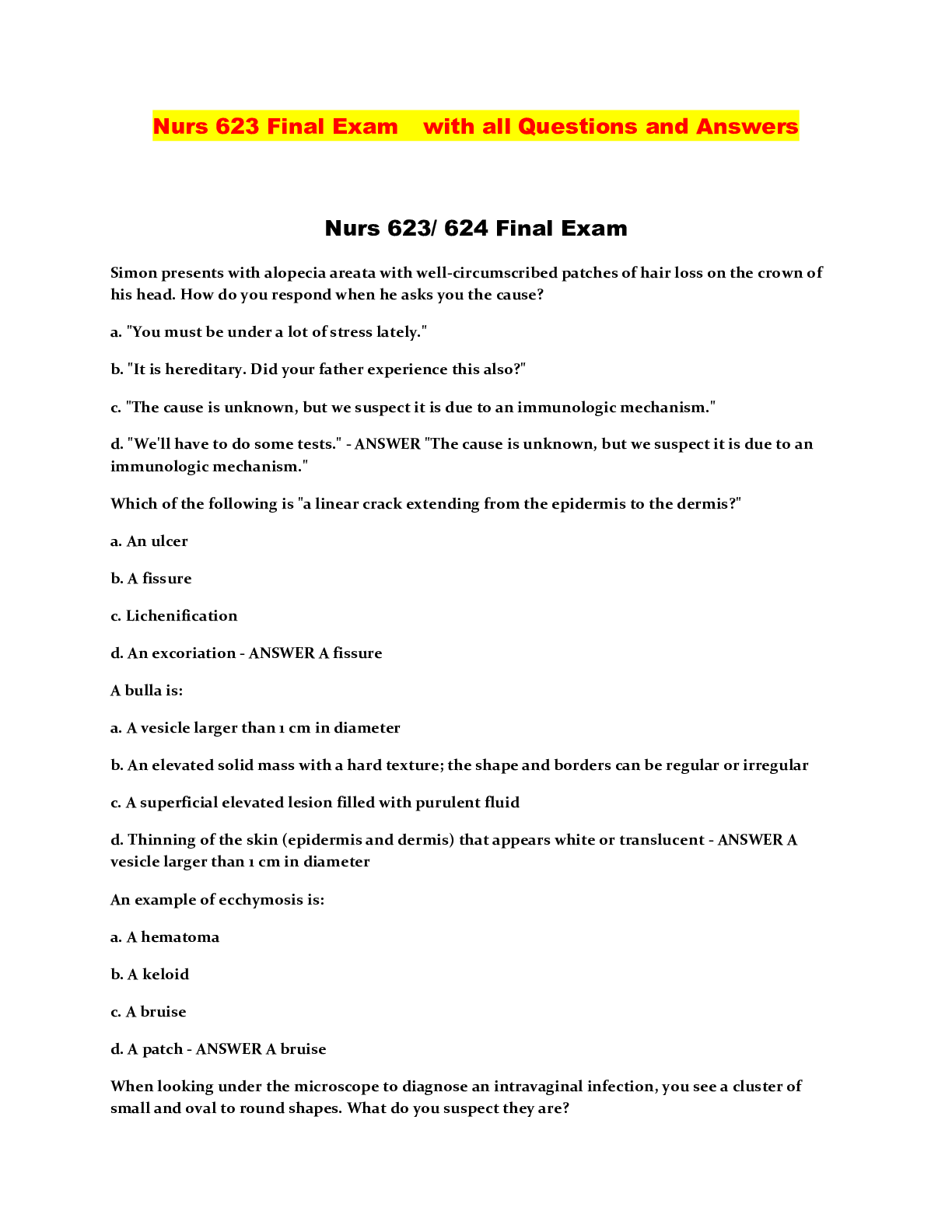 Preview image of Nurs 623/ 624 Final Exam document